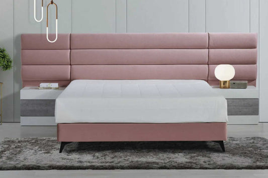Luxury bedroom sets. Xl king size sleigh bed, headboard and base set with 2 matching pedestals. Fabric sleigh bed in light pink velvet.
