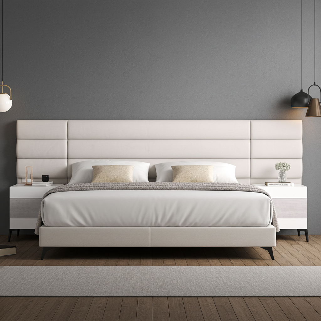 Extra width headboard for xl king beds, channel design on headboard. Upholstered in luxury pearl fabric