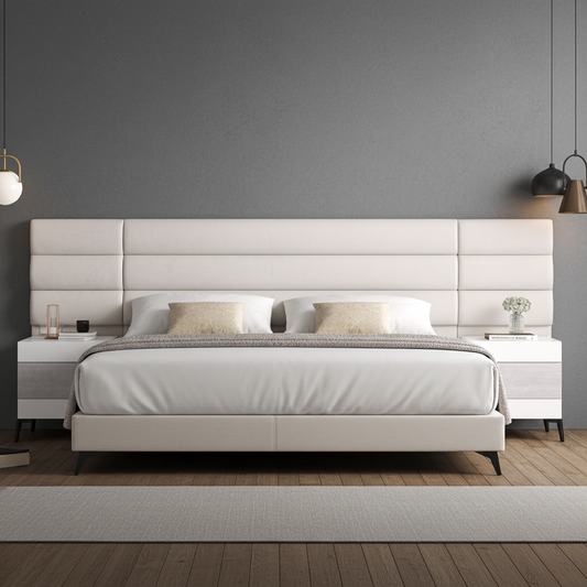 Extra width headboard for xl king beds, channel design on headboard. Upholstered in luxury pearl fabric