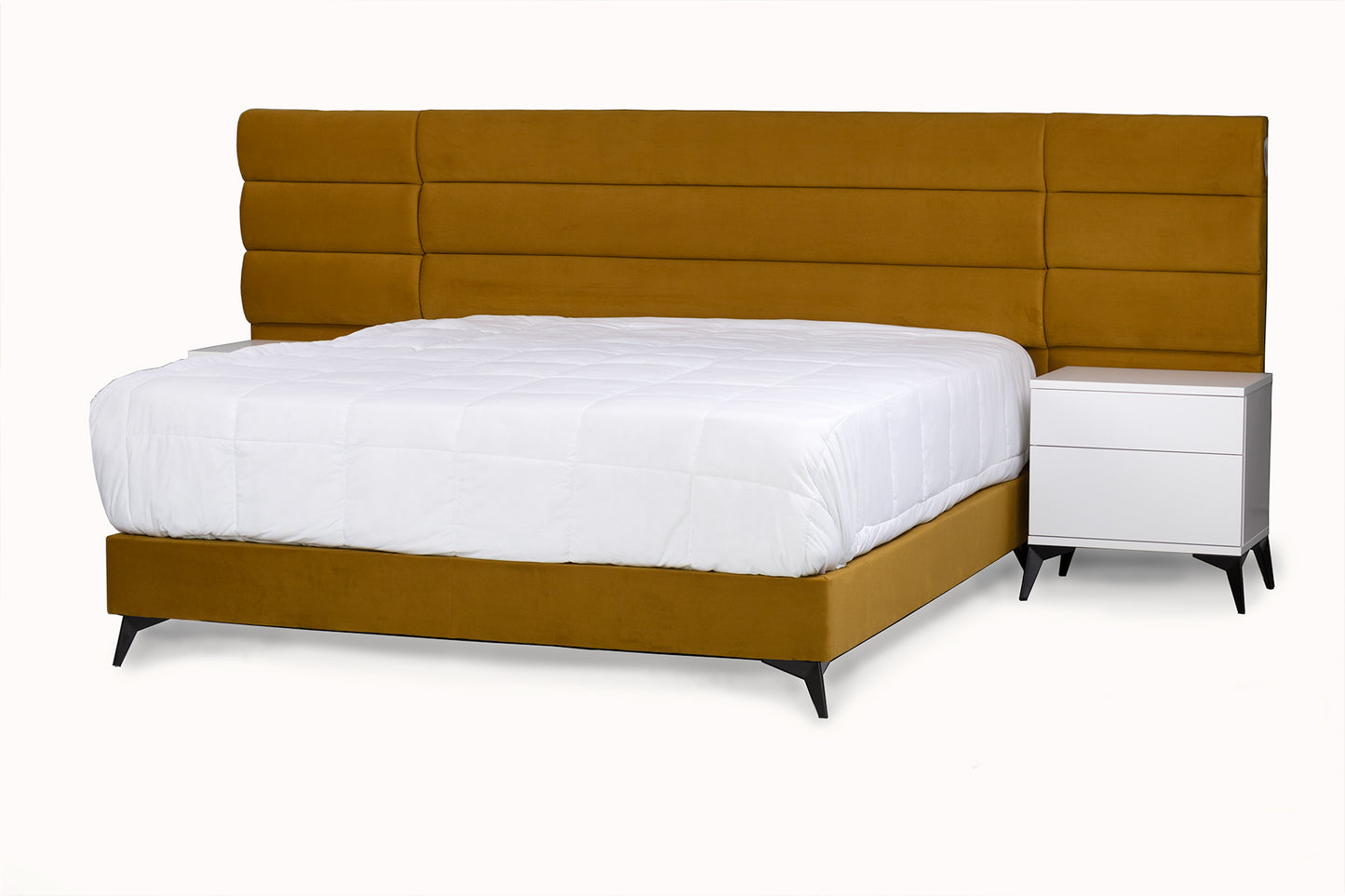 Headboard and base set in a luxurious amber fabric. The headboard is extra width and a channel design.