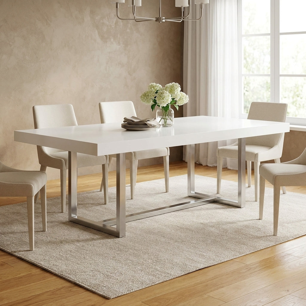 6-8 seater dining table in gloss white wood and silver legs. This modern dining table is Euro crafted and sold exclusively at Galeria Furniture in Mbombela.