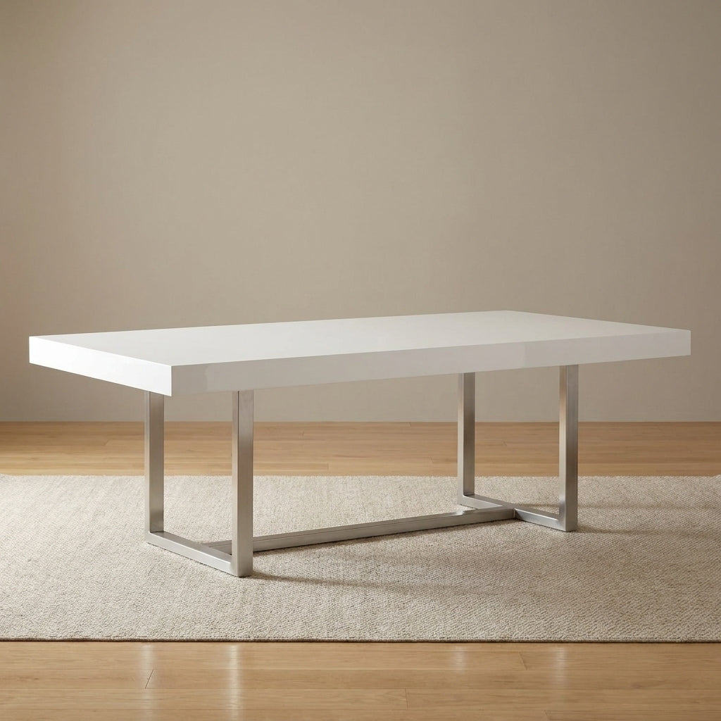 A luxury 6-8 seater dining table with gloss white wood top and steel silver legs. Handmade in Europe, this designer table is available in Galeria Furniture Nelspruit.