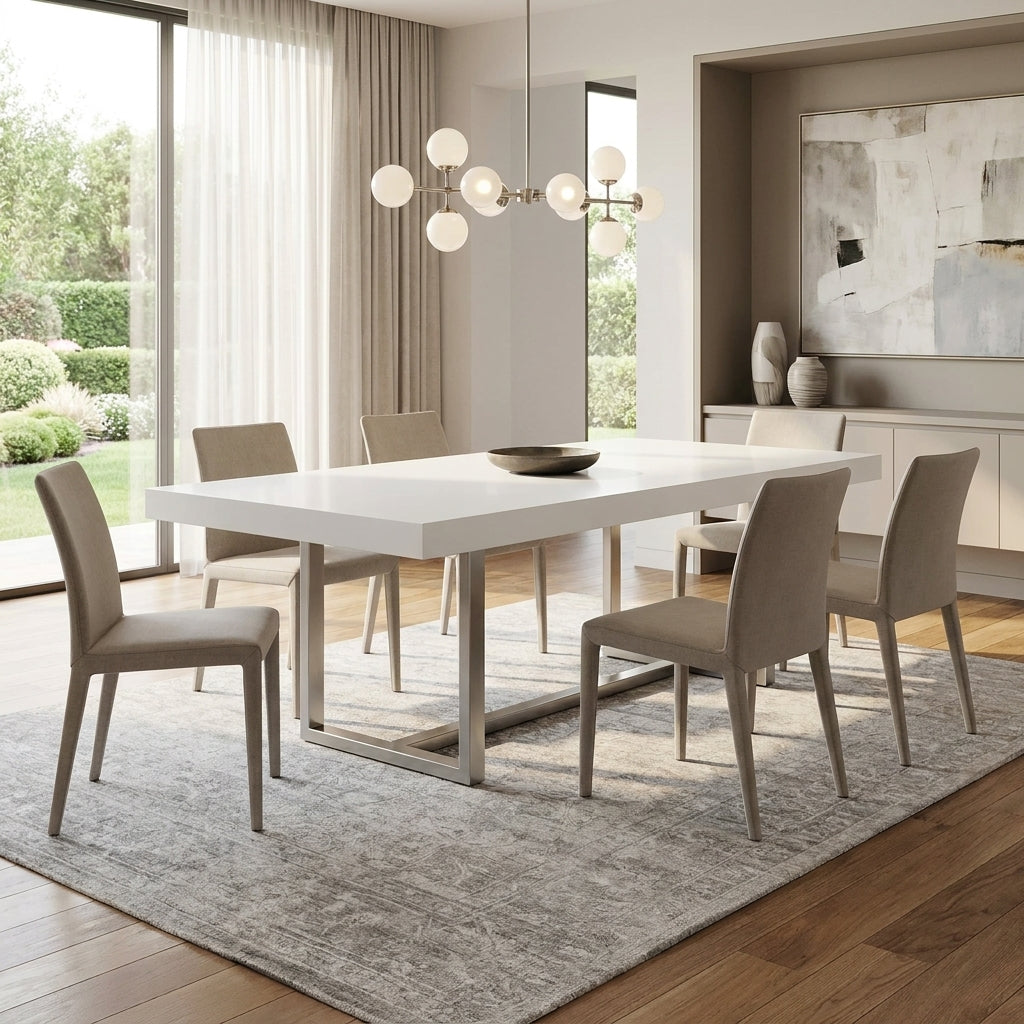 White 8 seater dining table with silver legs. Handmade in Europe, available at Galeria Furniture in Nelspruit.