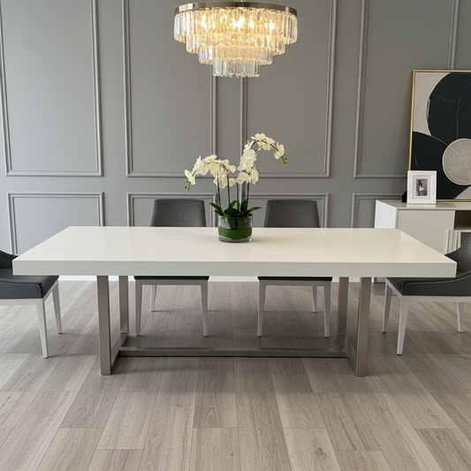 white gloss wood dining table with steel silver legs