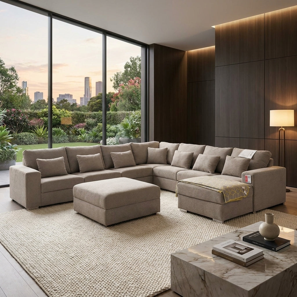 A 8 seater U-shaped couch in luxury fabric, handmade in Europe and available exclusively at Galeria Furniture in Mbombela.