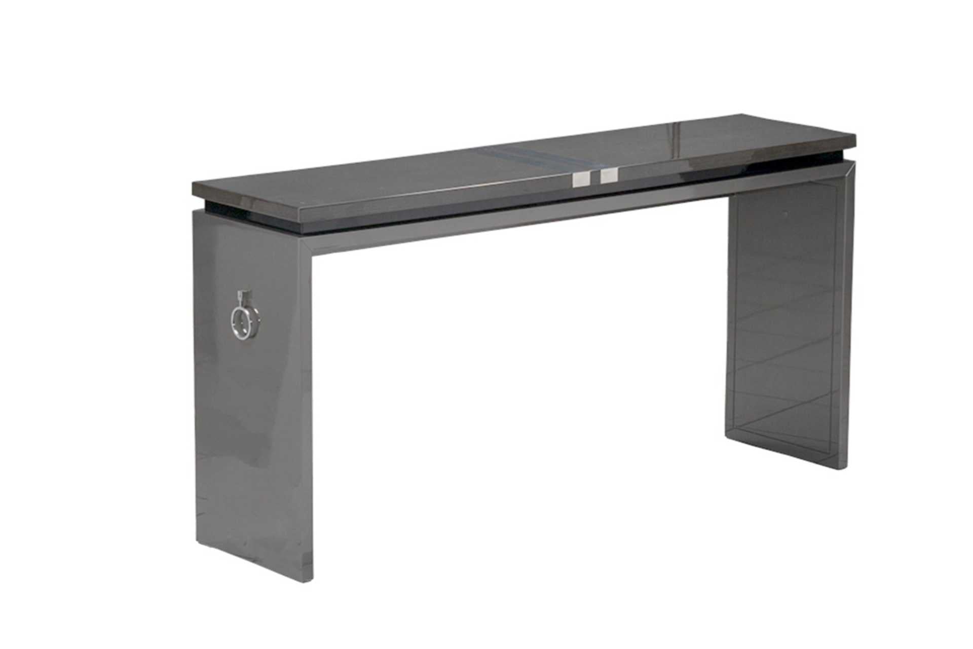 Gloss grey wood console with silver detailing. Handmade in Europe