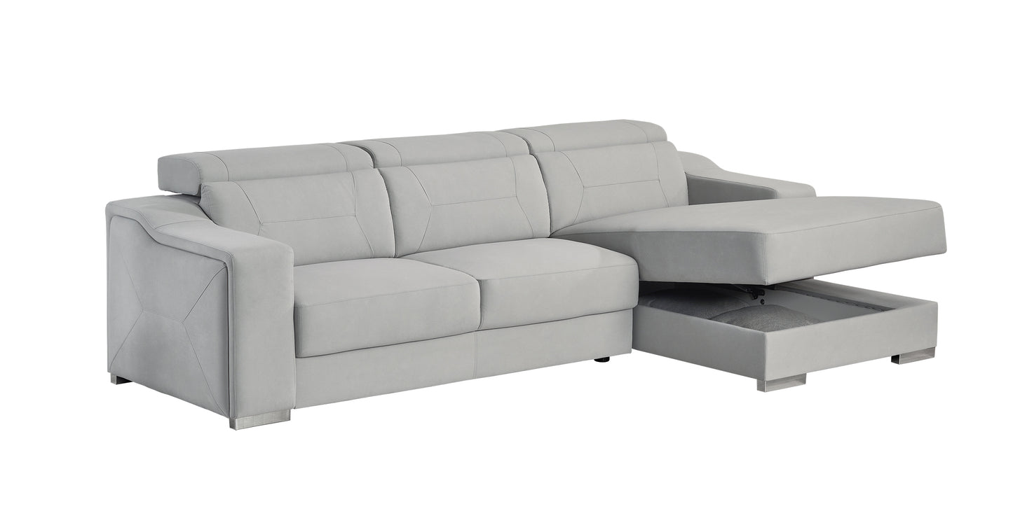 Fabric l-shape couch with storage trunk under the daybed section.