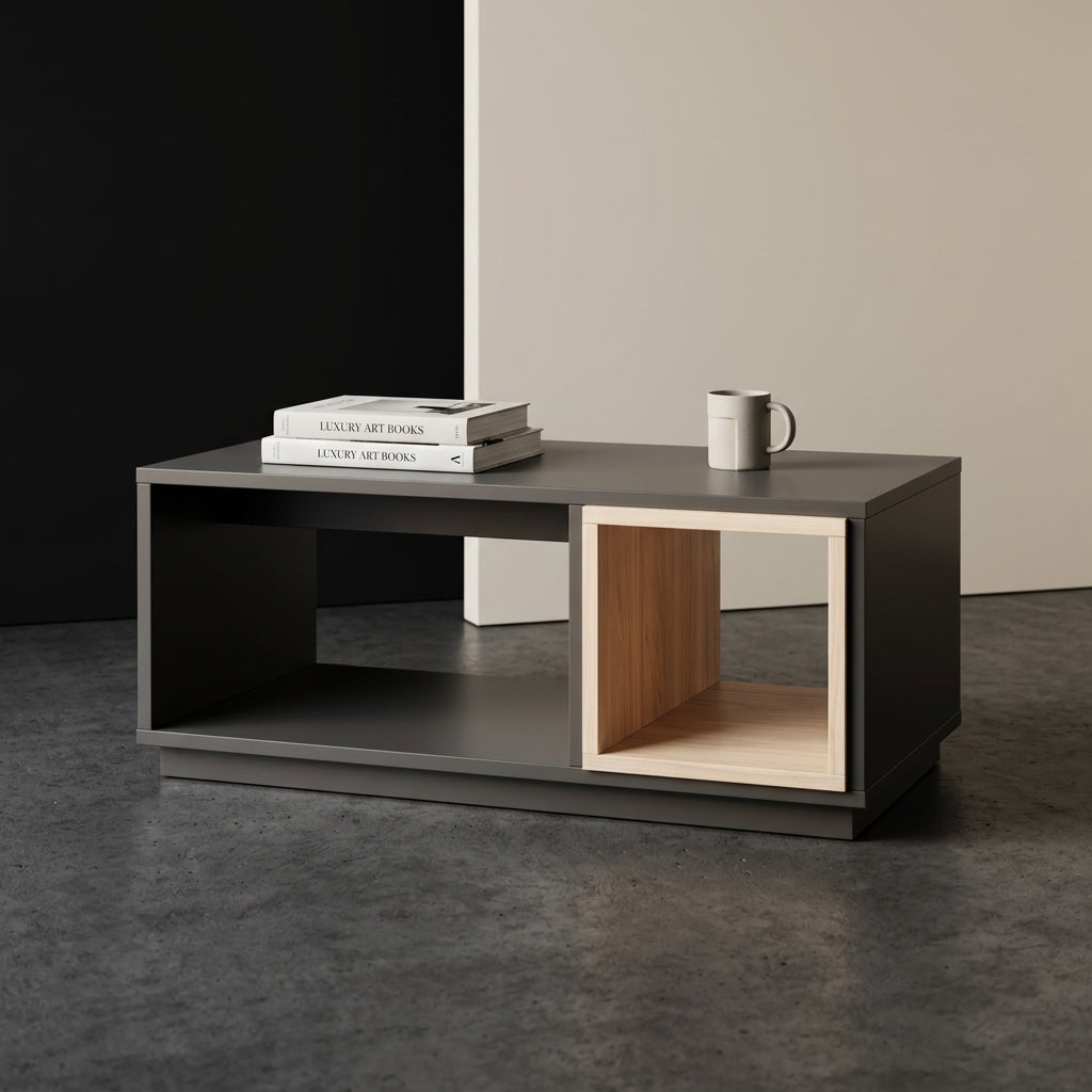 Close-up of Malmo coffee table's charcoal grey frame and light oak open shelf detail