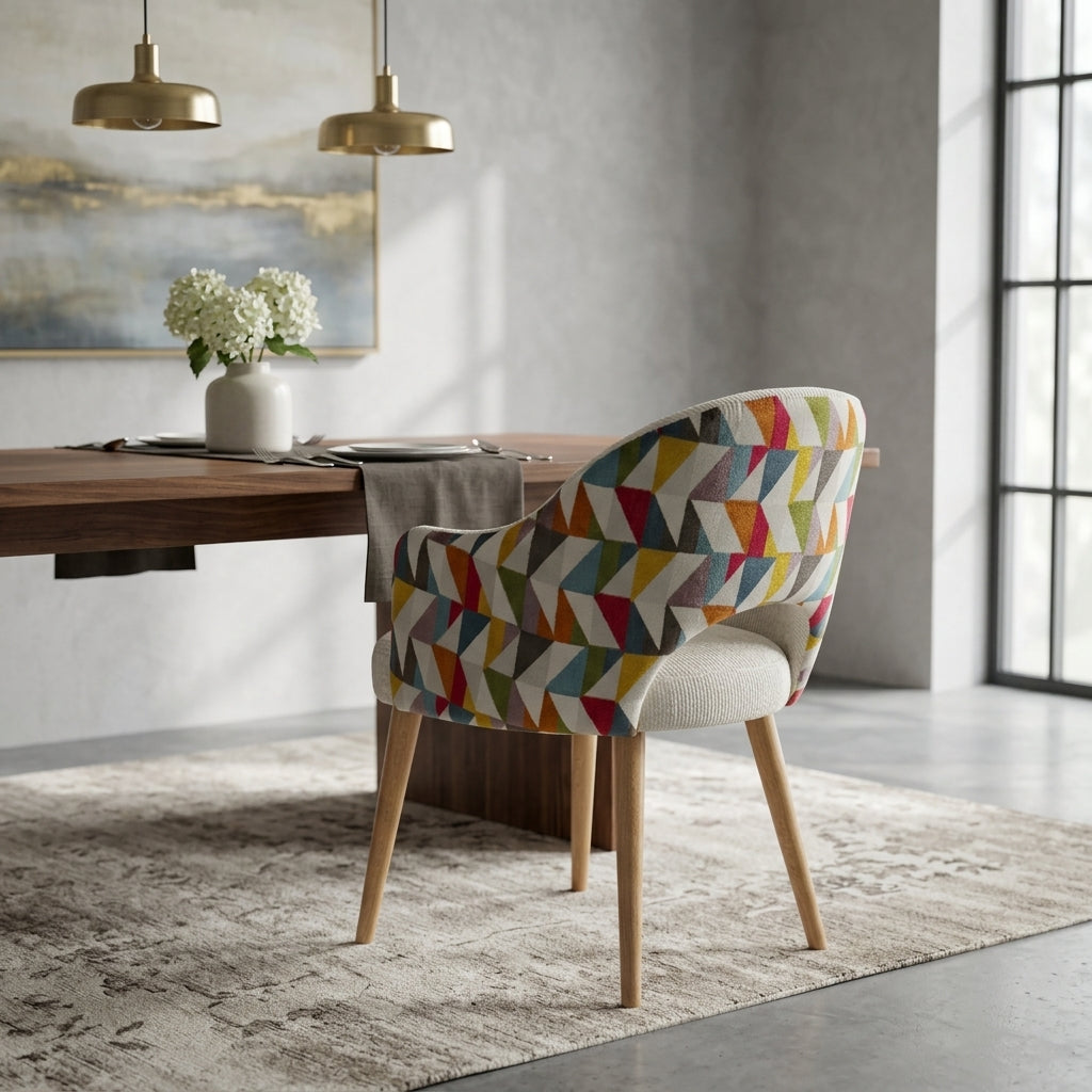 Luxury Dining chair in a light greysoftly textured front and multicoloured pattern back. Galeria SA