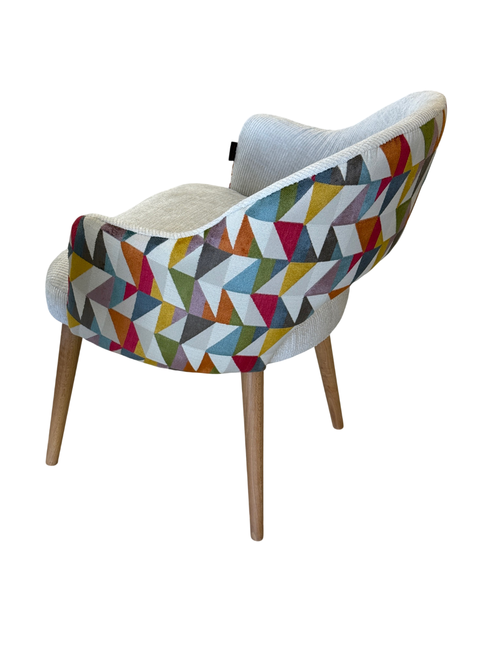 Luxury Dining chair in a light greysoftly textured front and multicoloured pattern back.