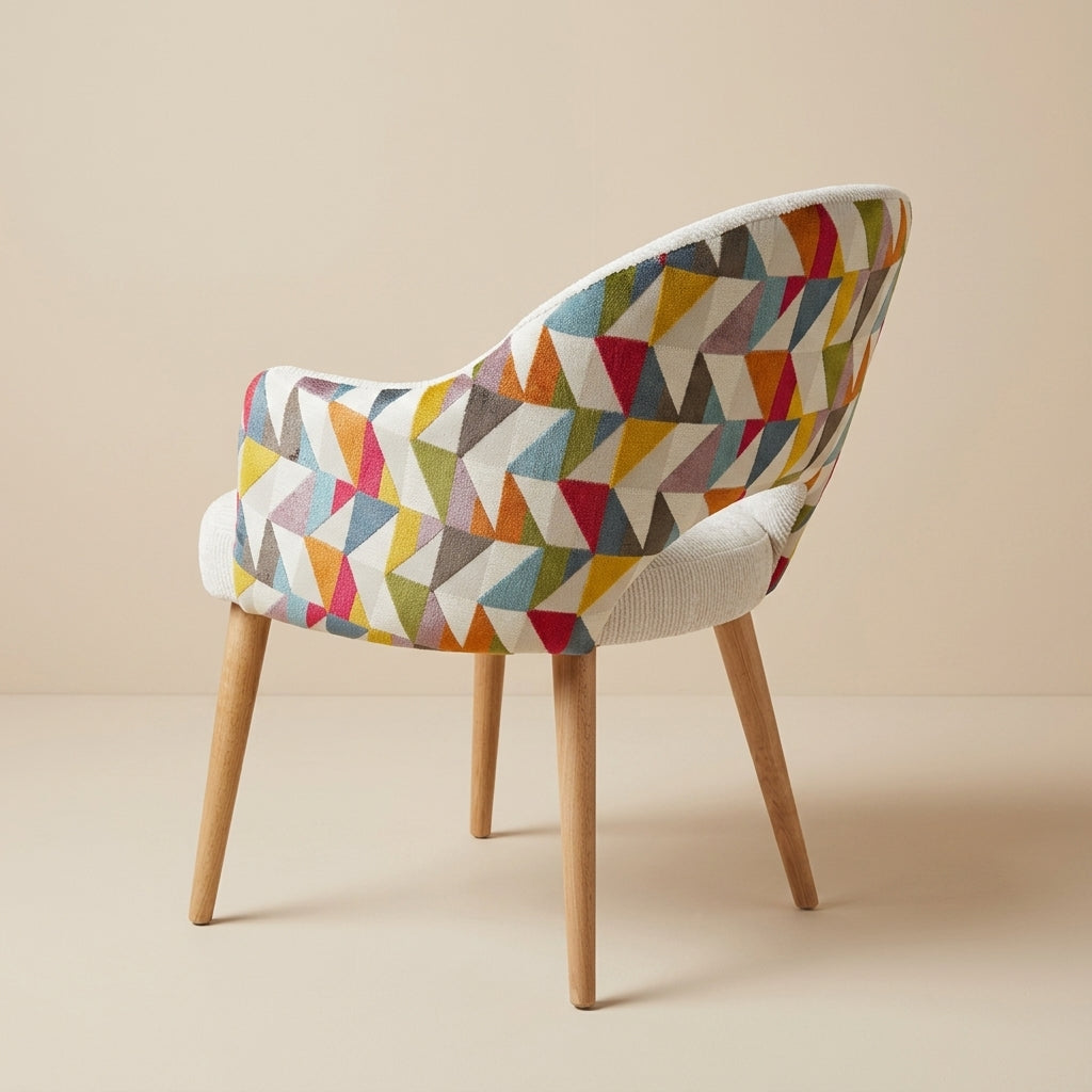 Colorful geometric-patterned fabric dining chair with wooden legs. Galeria SA