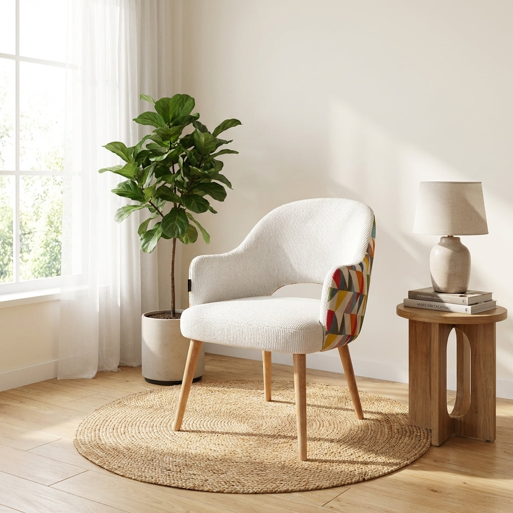 luxury dining chair with gemoetric patterned fabric on backrest and softly textured light grey fabric front