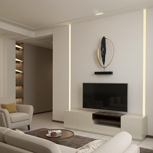 cream wood tv stand with luxury brown wooden shelf. 