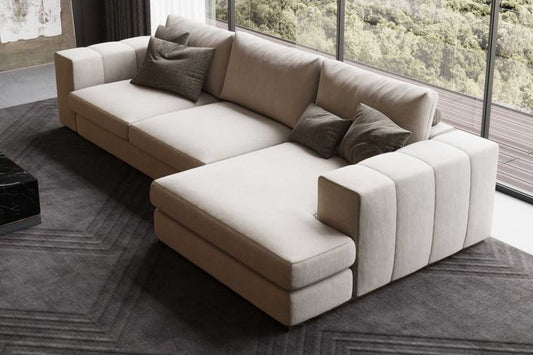 Beige L-shape fabric sofa with daybed