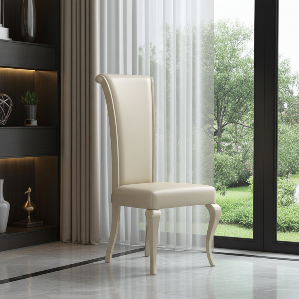 European crafted, high back lining chair in leather and curved legs