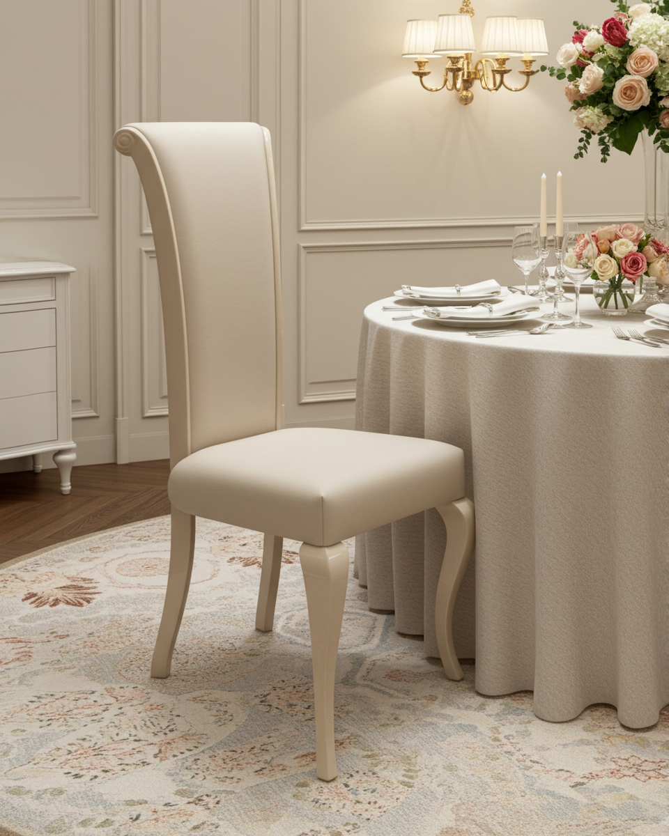 Beige leather dining chair with high-backs and gloss cream wooden legs