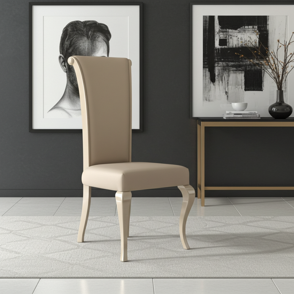 High-back dining chair in beige leather with gloss beige wooden legs