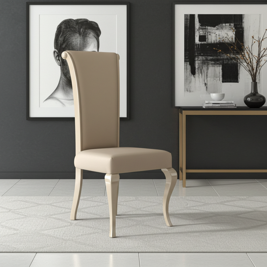 High-back dining chair in beige leather with gloss beige wooden legs