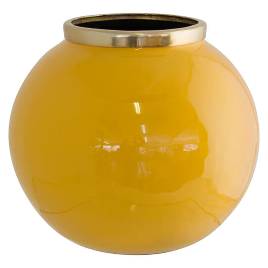 glass bubble vase in mustard jewel tone. Gold rim bubble vase.