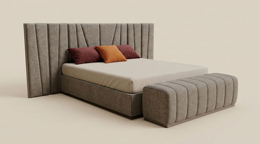 MUSA bed in luxury brown fabric with an ottoman. Euro Crafted. GALERIA FURNITURE SA