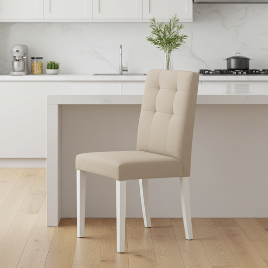 beige fabric dining chair with white wooden legs. superior comfort.