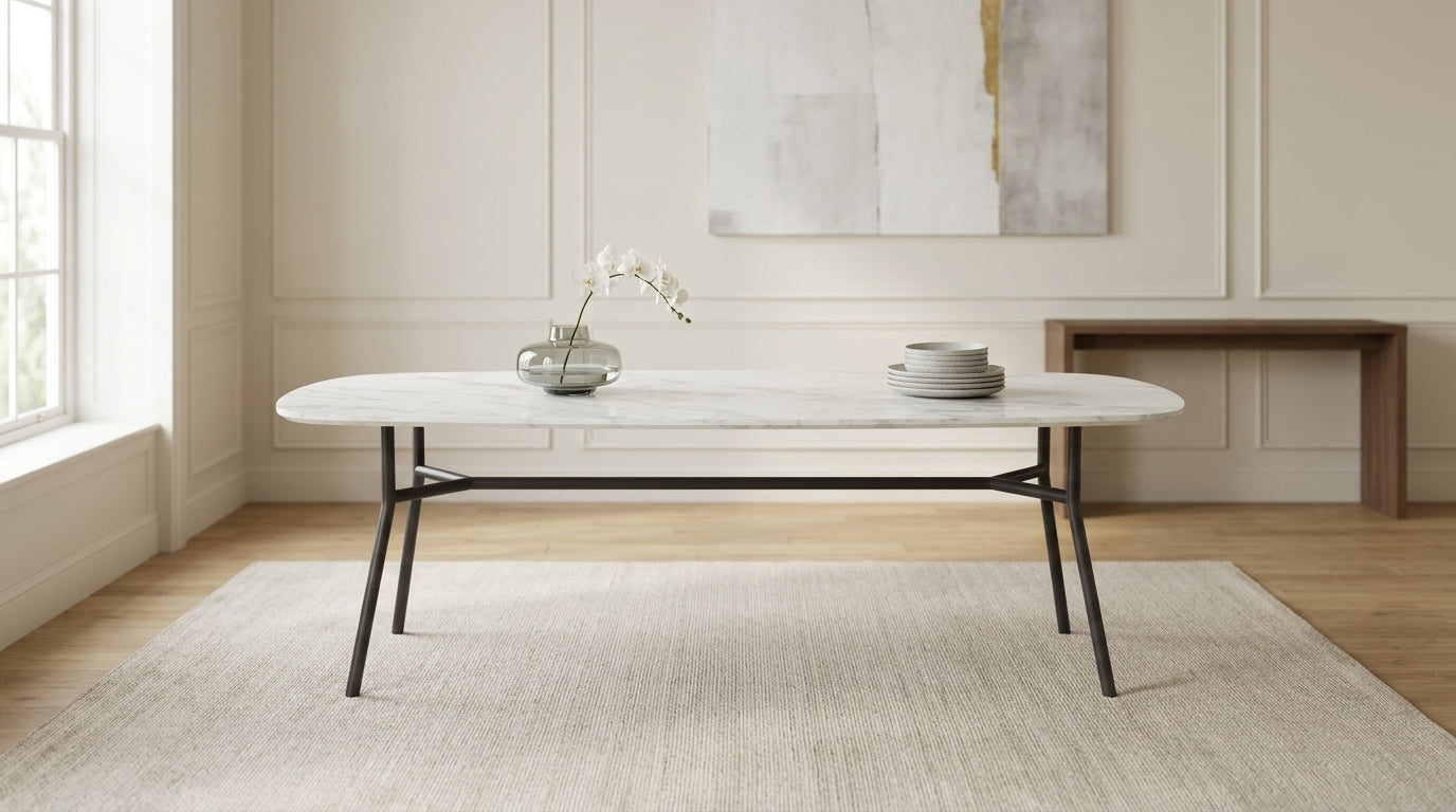 Malmo large dining table with black steel legs in a minimalist Nordic-style dining room. GALERIA FURNITURE SA. Delivery nationwide South Africa