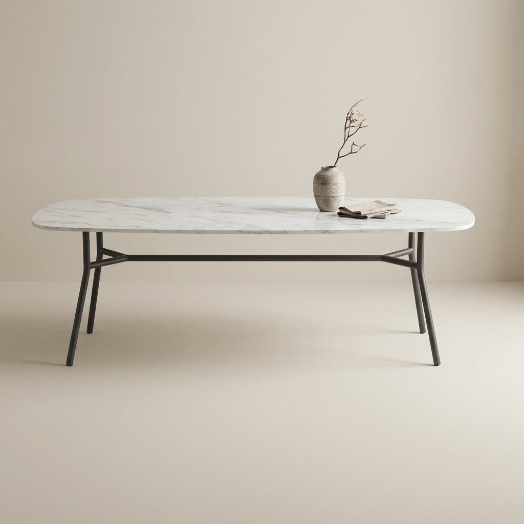 Malmo large white and grey marble-effect dining table with black steel legs, 10-12 seater. GALERIA FURNITURE SA