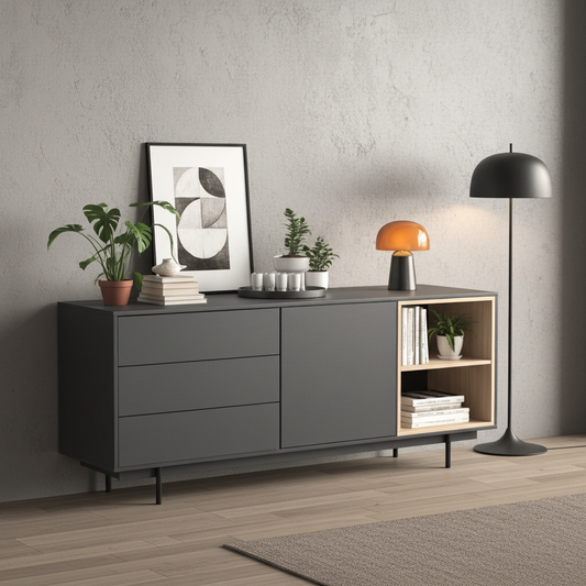 Modern sideboard  in charcoal and oak wood. Can also be used as a living room cabinet.