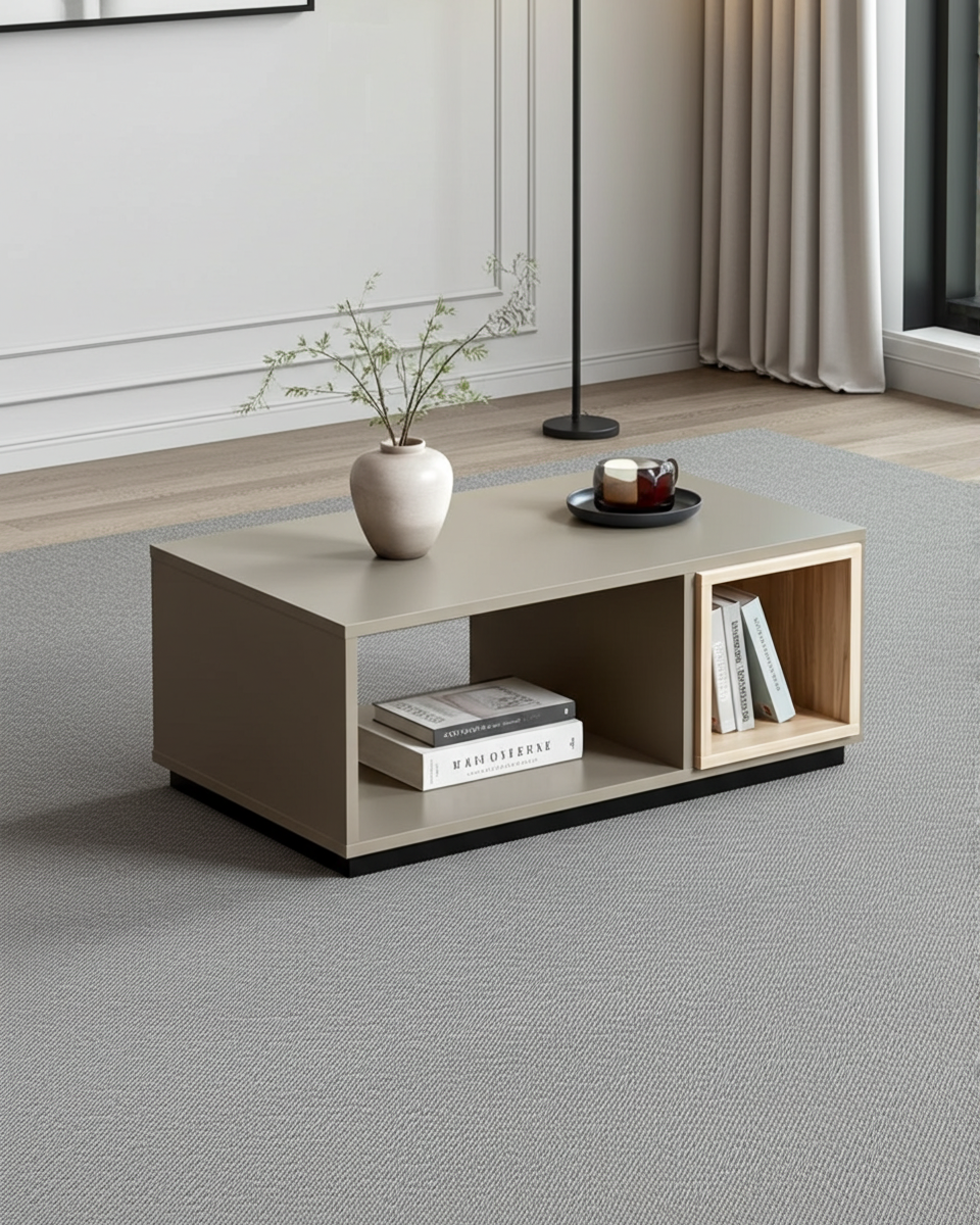 Modern, Rectangular coffee table in cappucino and oak wood finish.