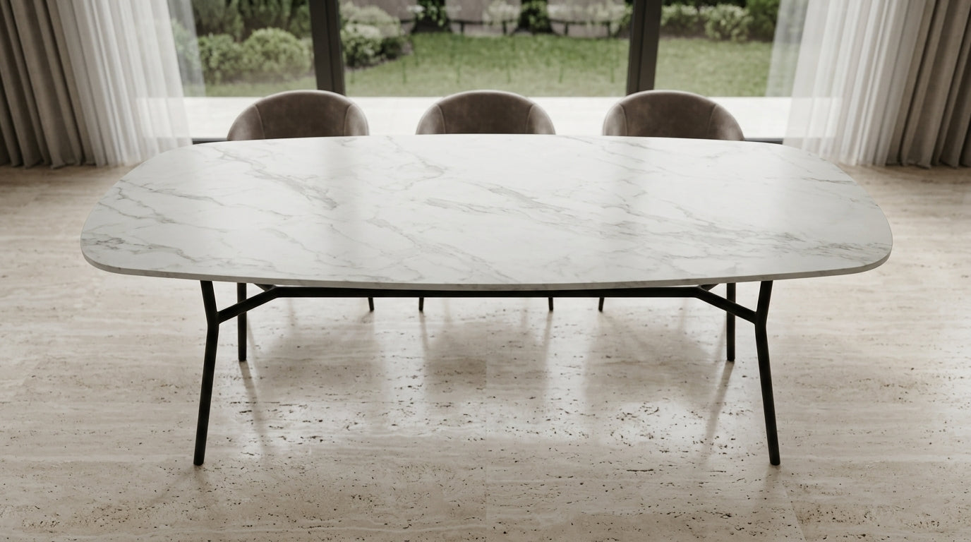 Malmo 2.4m marble-effect dining table with black steel legs. GALERIA FURNITURE SA. Delivery nationwide South Africa.