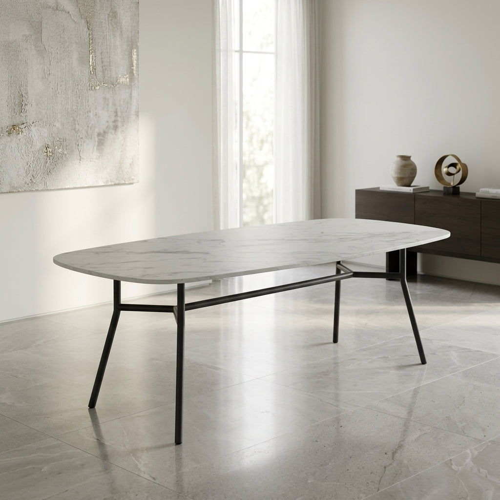 Malmo oval-style large dining table with white and grey marble effect top. 10 seater  modern dining table. GALERIA FURNITURE SA. Delivery nationwide South Africa