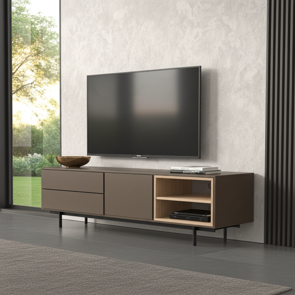 Modern 2 m length tv stand in capucinno and oak wood finish