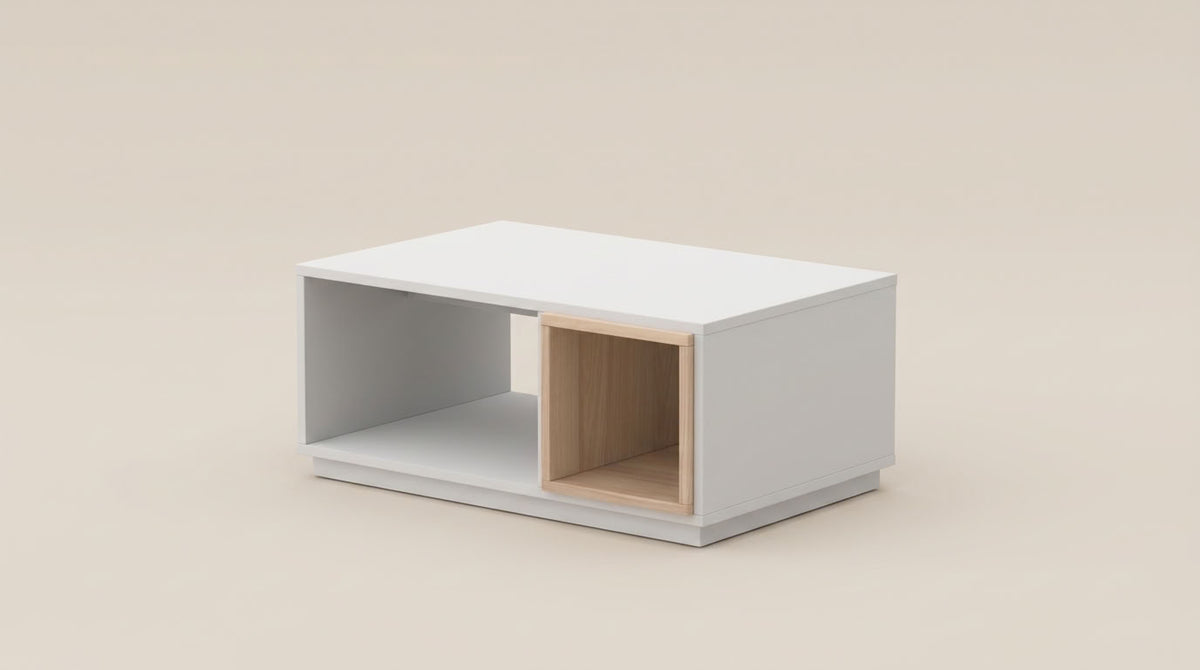 Large white wood with oak veneer detailing coffee table. Nordic design Euro Crafted. Exclusive to GALERIA FURNITURE SA. Nationwide delivery.