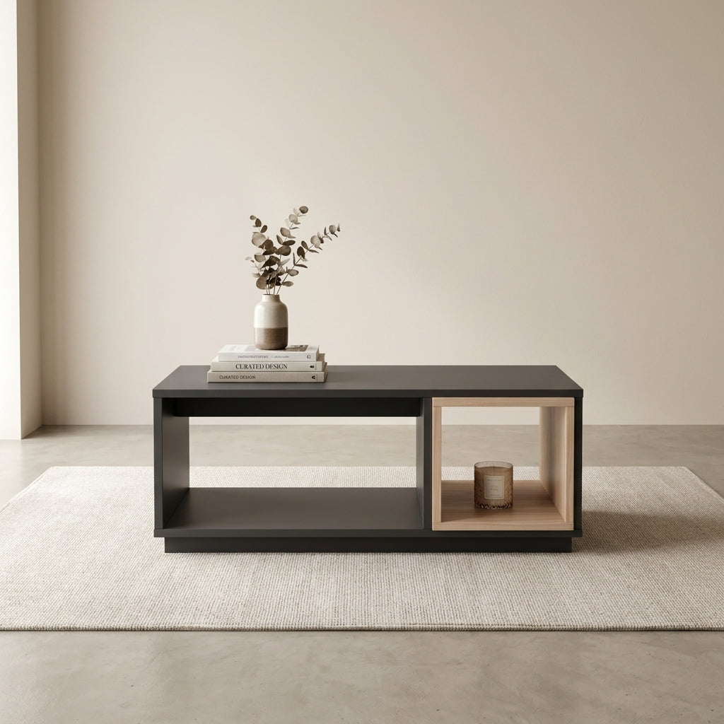 Malmo modern coffee table in charcoal grey and light oak finish. GALERIA FURNITURE SA. Delivery nationwide.