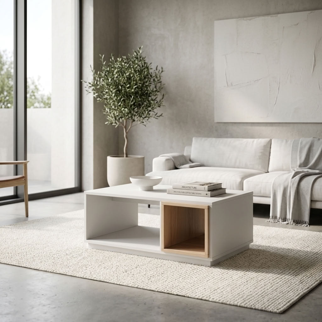 Large white wood with oak veneer detailing coffee table. Nordic design Euro Crafted. Exclusive to GALERIA FURNITURE SA. Nationwide delivery.