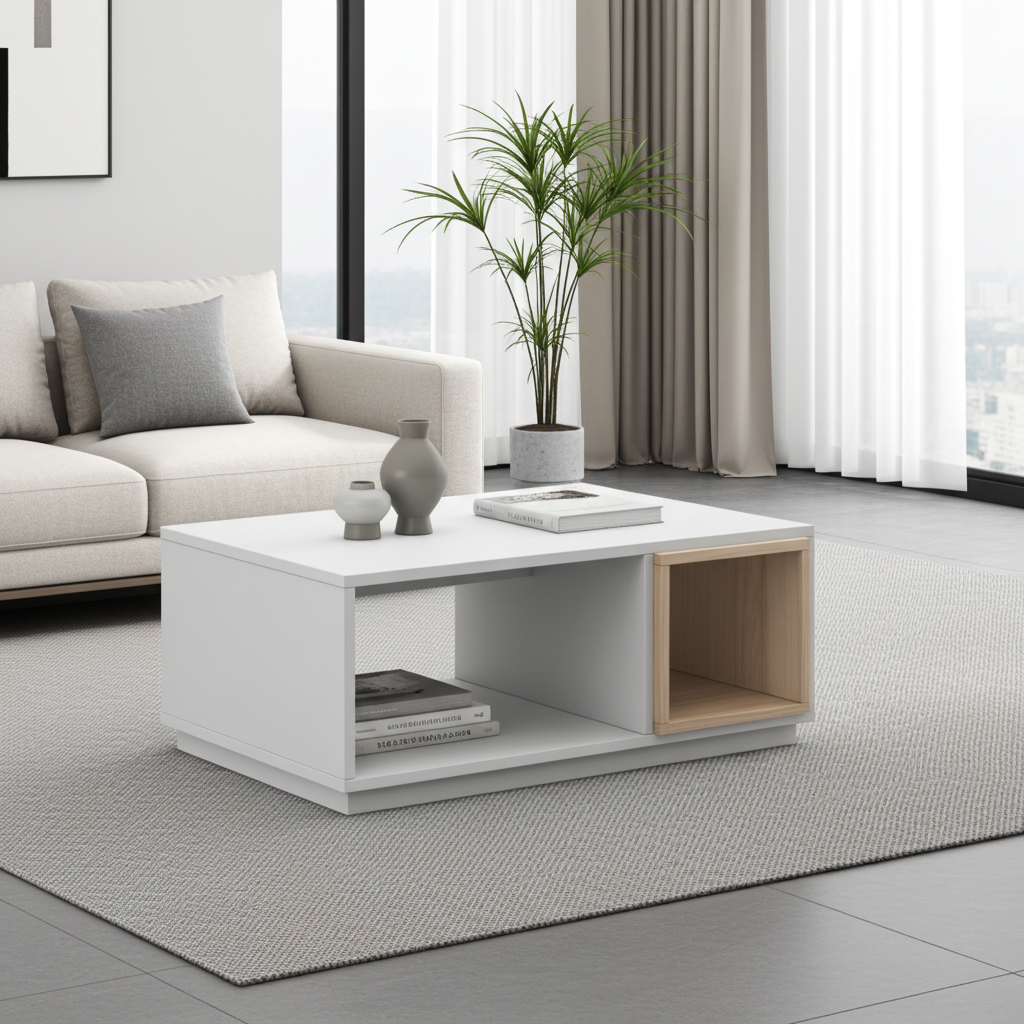 rectangular coffee table in white and oak wood