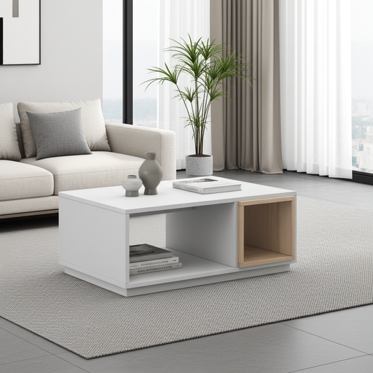 rectangular coffee table in white and oak wood