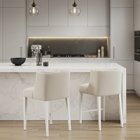 luxury velvet fabric bar chairs, square back and arm design and white wooden legs.