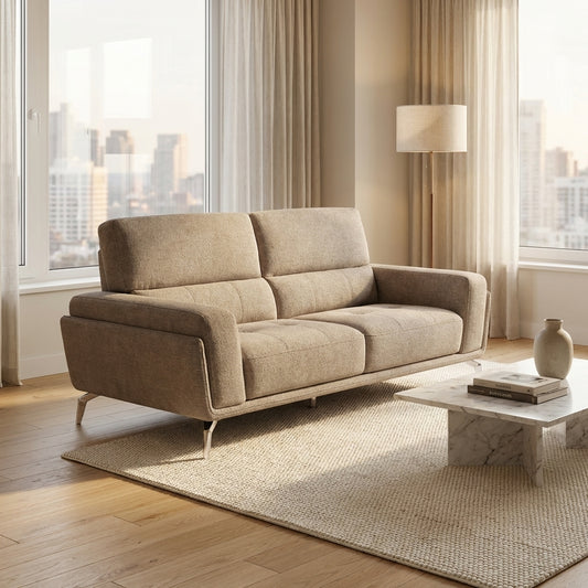 Modern and design 2 seater fabric sofa in grey fabric with chrome legs.