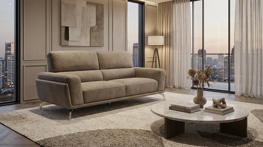 3 seater fabric couch in elephant grey fabric with chrome silver feet.