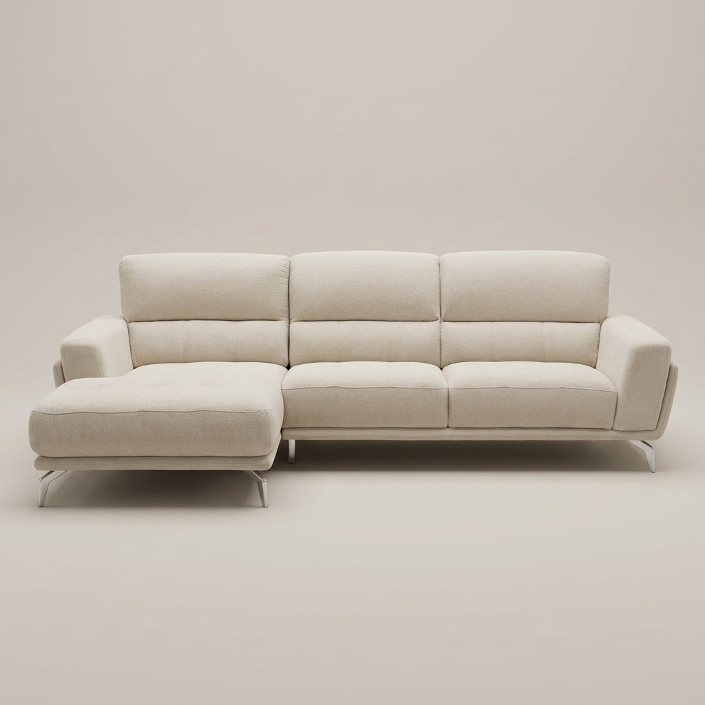 3 Seater L-shape couch in pearl fabric. Galeria SA