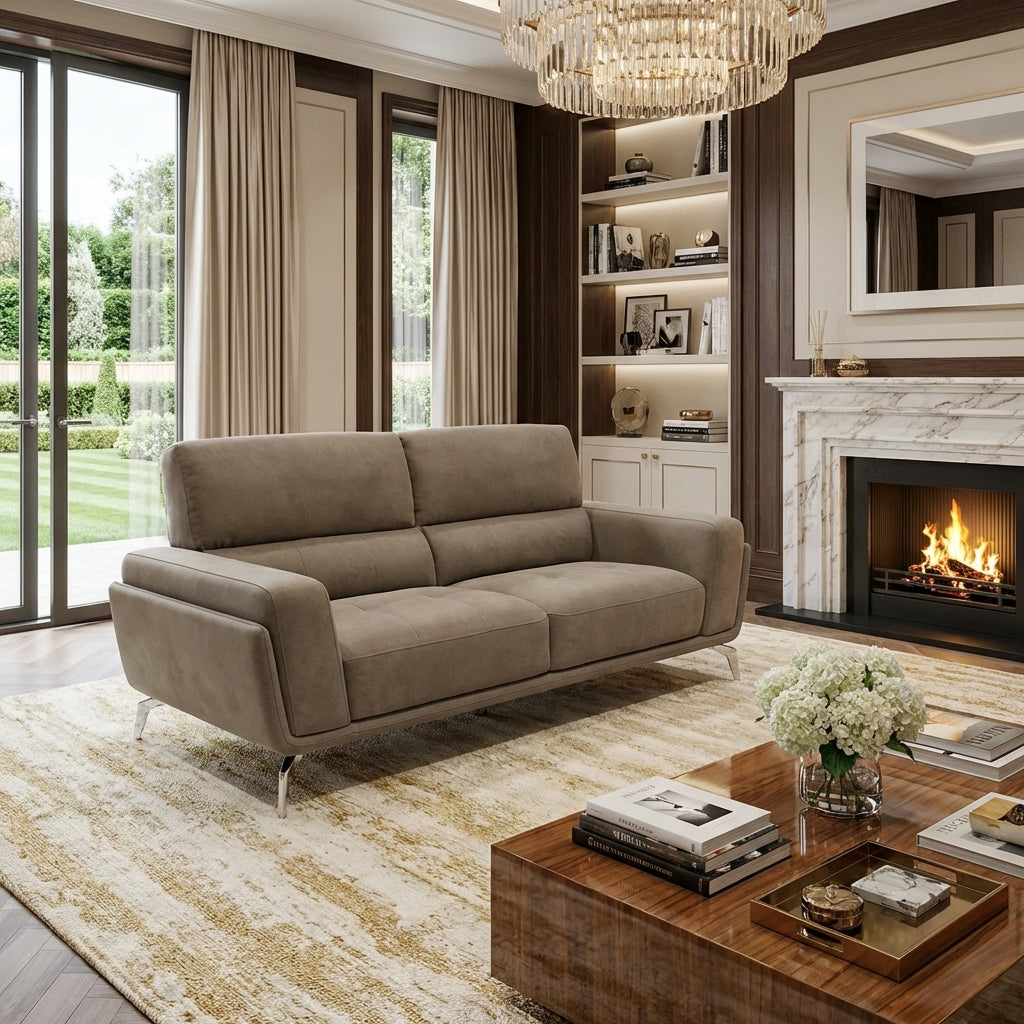 2+3 seater sofa in a luxuriously soft elephant grey fabric, with silver steel legs.