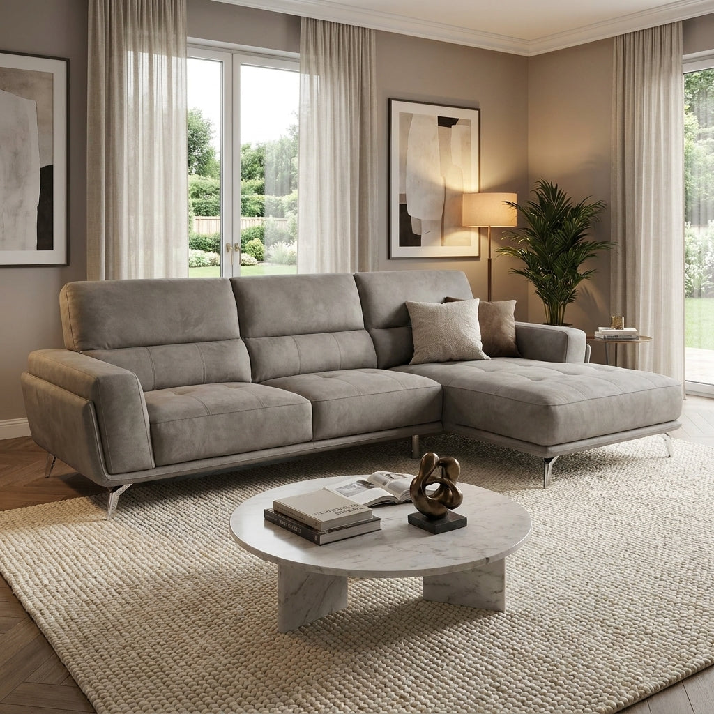 A luxury 3 seater, European made, L-shaped couch. Upholstered in Grey fabric with chrome feet. 