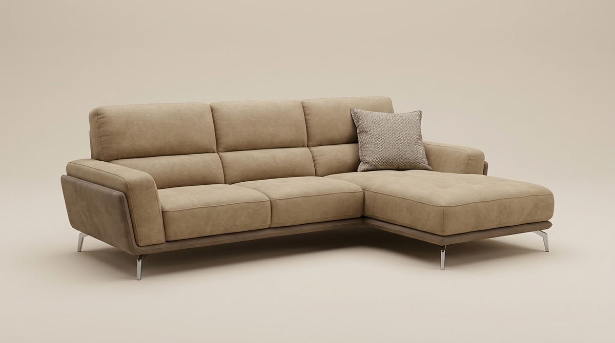 Two-tone camel and choc brown L-shape sofa with chrome feet. GALERIA FURNITURE SOUTH AFRICA.
