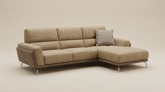 Two-tone camel and choc brown L-shape sofa with chrome feet. GALERIA FURNITURE SOUTH AFRICA.