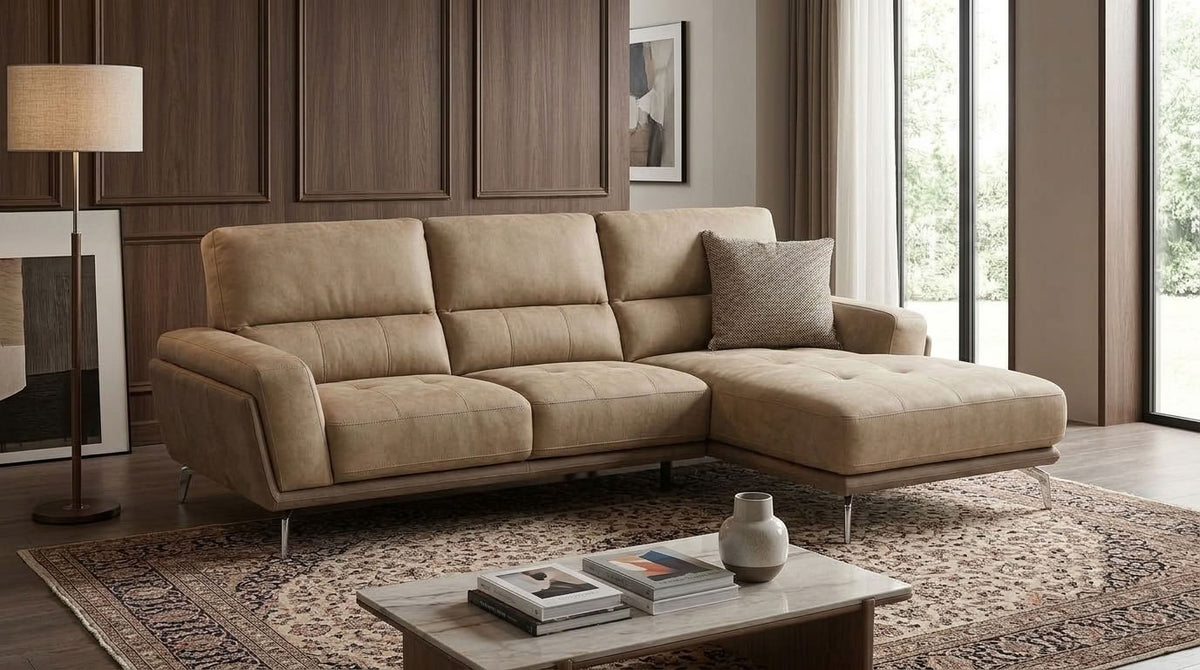 Camel & choc brown L-shaped couch with chaise daybed and high back rests. GALERIA FURNITURE SOUTH AFRICA.