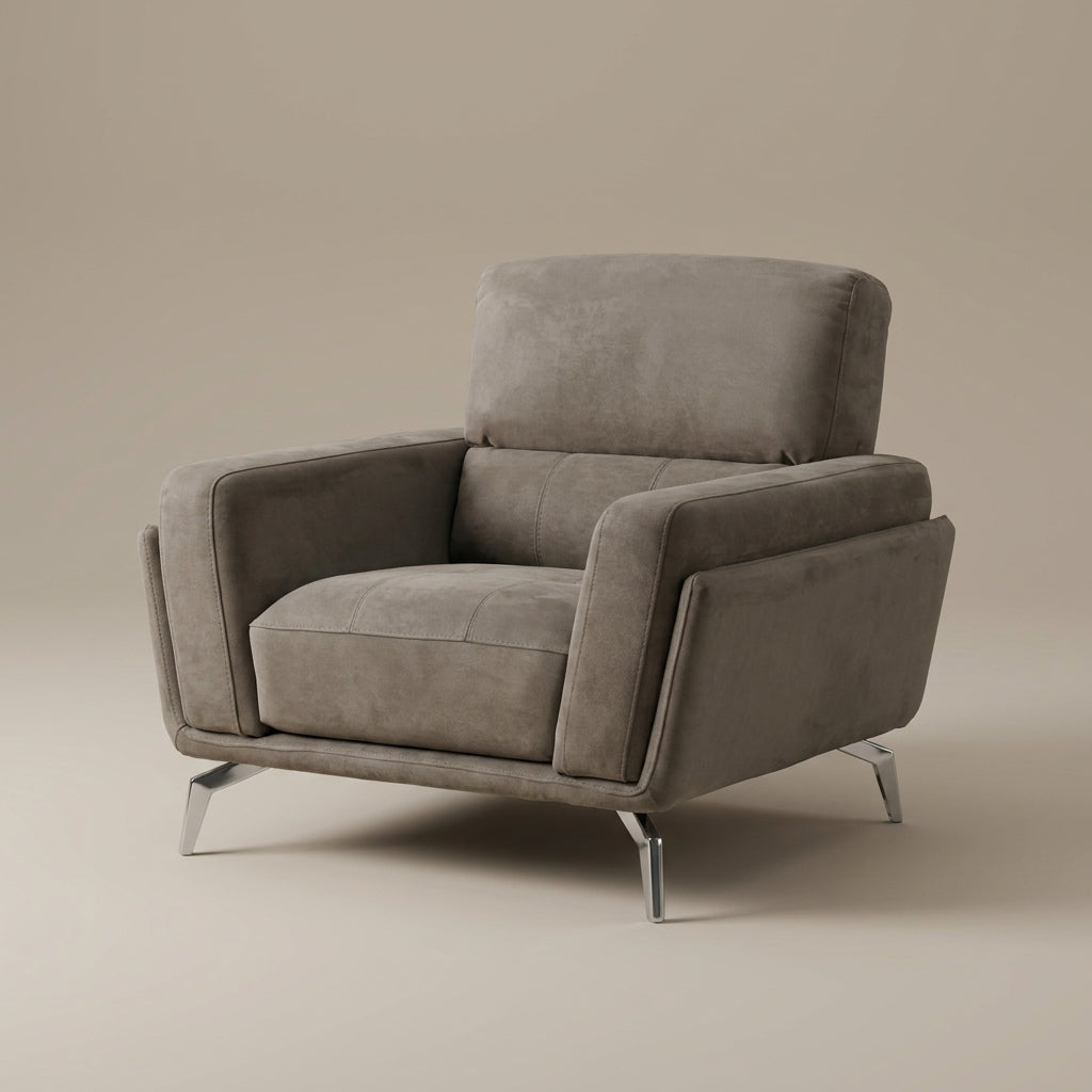 Grey upholstered accent armchair side view – silver metal legs – Galeria Furniture Nelspruit
