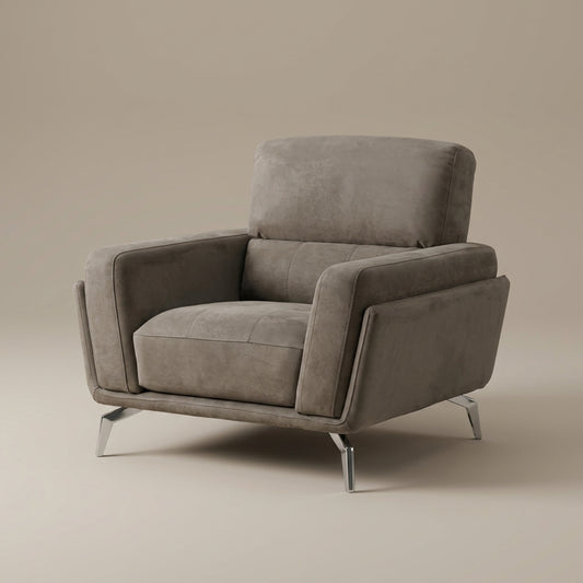 Grey upholstered accent armchair side view – silver metal legs – Galeria Furniture Nelspruit