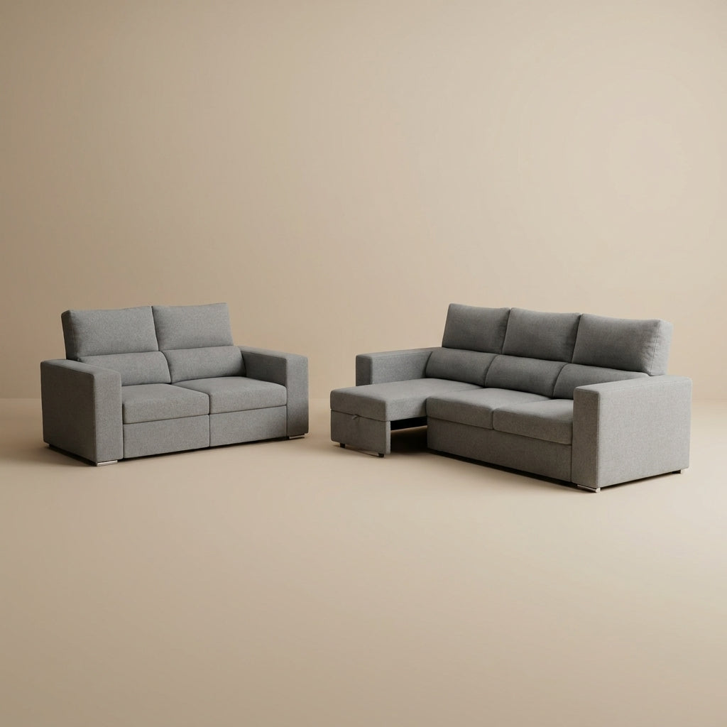 Grey fabric sofa set 2+3 seaters, with pull out legs.