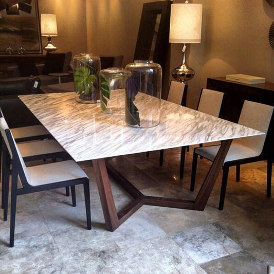 Stone-top dining table with steel legs